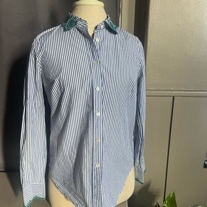 J. Crew blue & white striped blouse with embroidered collar and cuffs. Size 6.